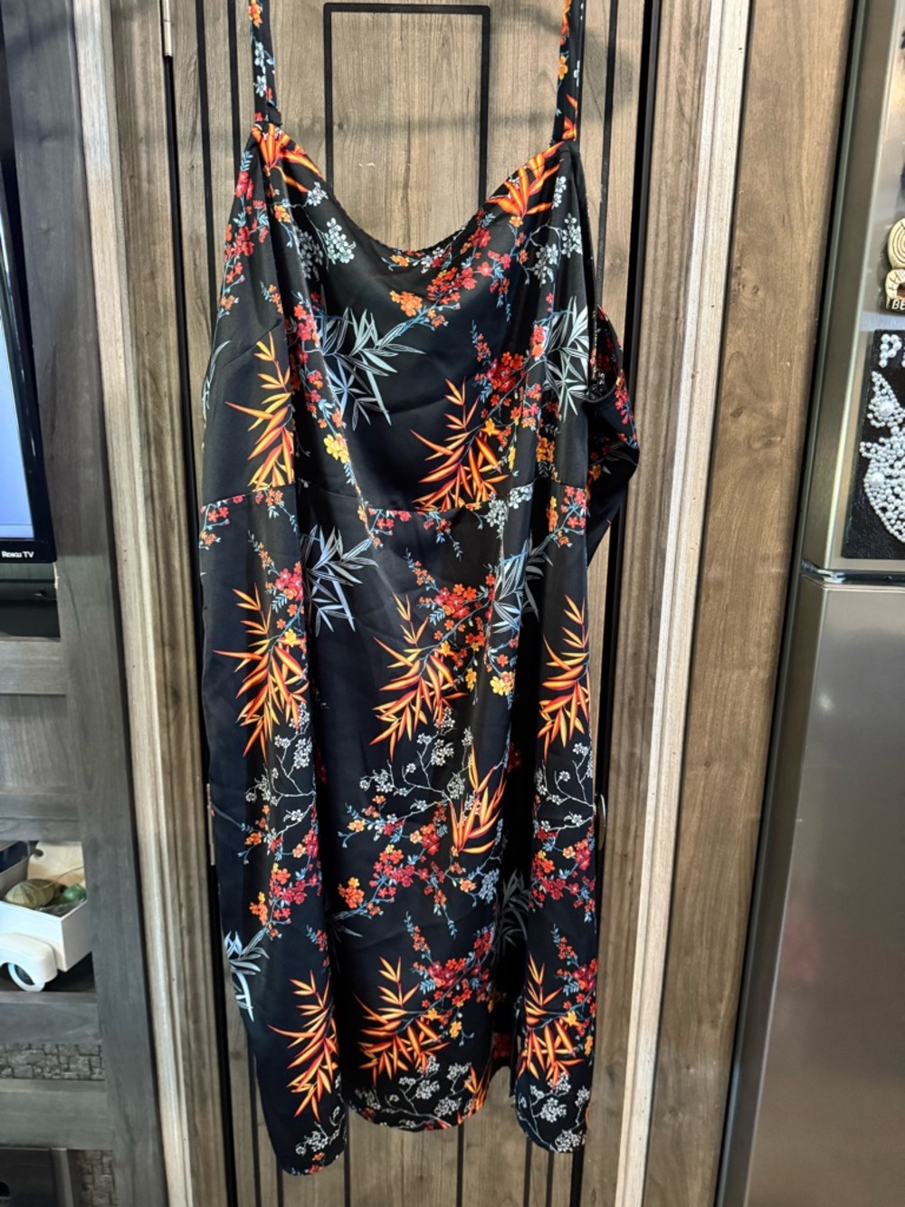 Forever 21 Black Satin Slip dress with Orange & Red Floral Print